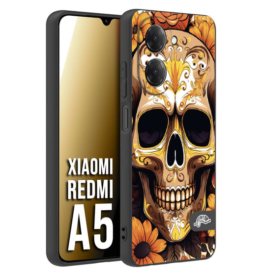 CUSTOMIZZA - Custodia cover nera morbida in tpu compatibile per Xiaomi Redmi A5 teschio messicano colorato dorato fiori tattoo disegnato
