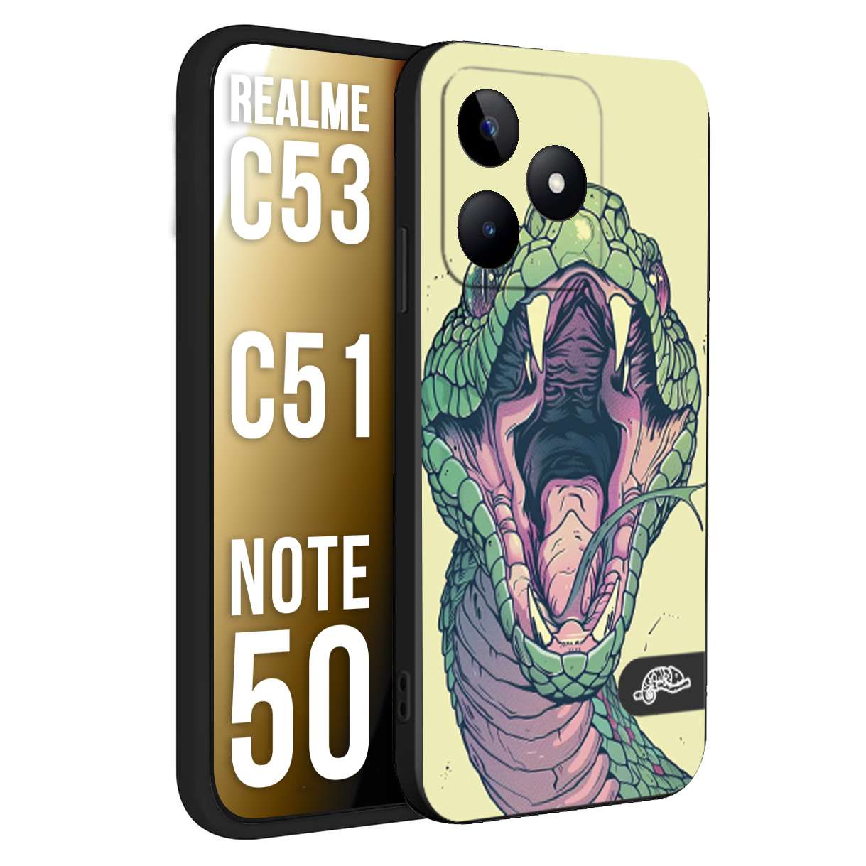 CUSTOMIZZA - Custodia cover nera morbida in tpu compatibile per Realme C53 - C51 - NOTE 50 snake yellow green serpente tatuaggio tattoo disegnato a mano