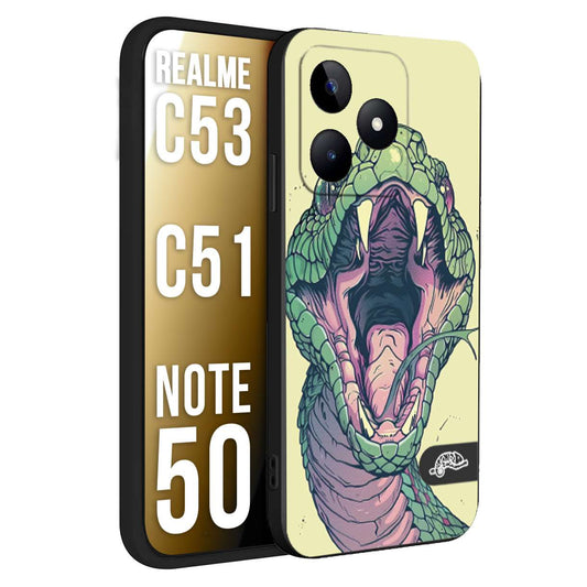CUSTOMIZZA - Custodia cover nera morbida in tpu compatibile per Realme C53 - C51 - NOTE 50 snake yellow green serpente tatuaggio tattoo disegnato a mano