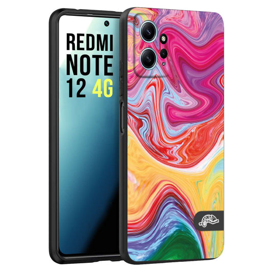 CUSTOMIZZA - Custodia cover nera morbida in tpu compatibile per Xiaomi Redmi Note 12 4G colorata fantasia vortice marmo onde verde fucsia gialla