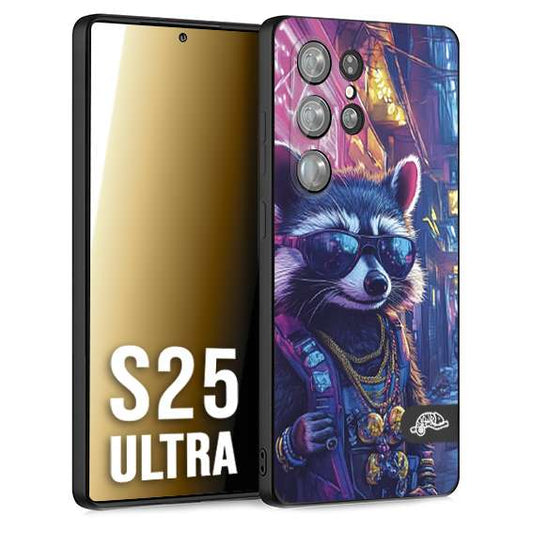 CUSTOMIZZA - Custodia cover nera morbida in tpu compatibile per Samsung S25 ULTRA animali simpatici cyberpunk procione racoon street cat fucsia blu giallo