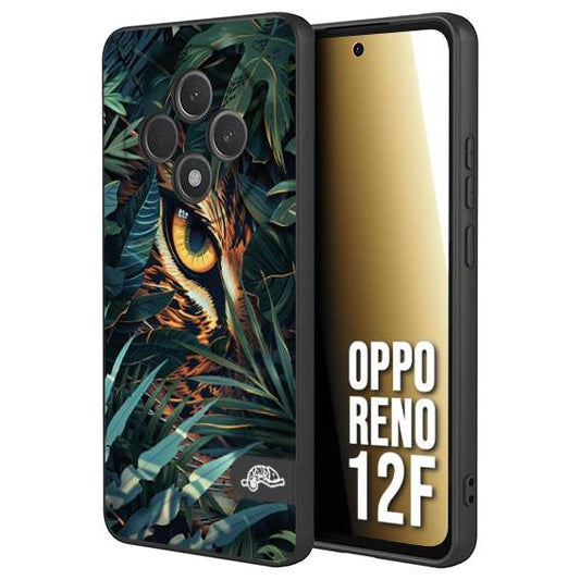CUSTOMIZZA - Custodia cover nera morbida in tpu compatibile per Oppo Reno 12F animali color giungla tropicale occhio di giaguaro felino disegnato