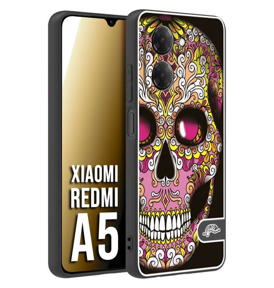 CUSTOMIZZA - Custodia cover nera morbida in tpu compatibile per Xiaomi Redmi A5 teschio messicano Mexican skull rosa gialla