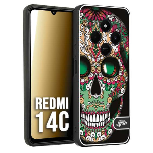CUSTOMIZZA - Custodia cover nera morbida in tpu compatibile per Xiaomi Redmi 14C teschio messicano Mexican skull verde fucsia