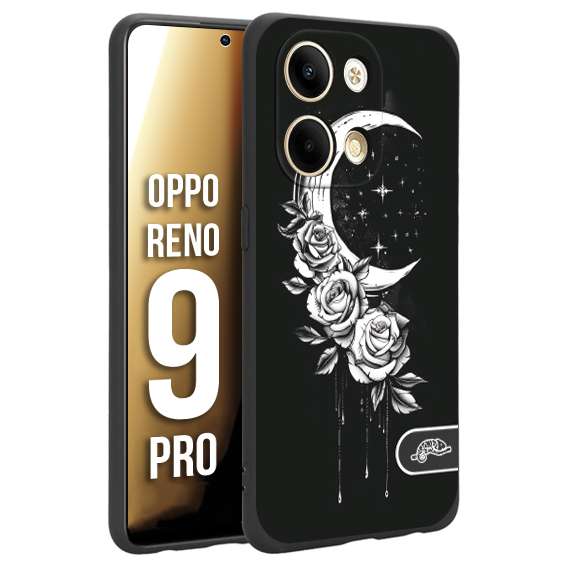 CUSTOMIZZA - Custodia cover nera morbida in tpu compatibile per Oppo Reno 9 PRO luna e fiori moon flowers black and white bianco a rilievo disegnato tattoo tatuaggio