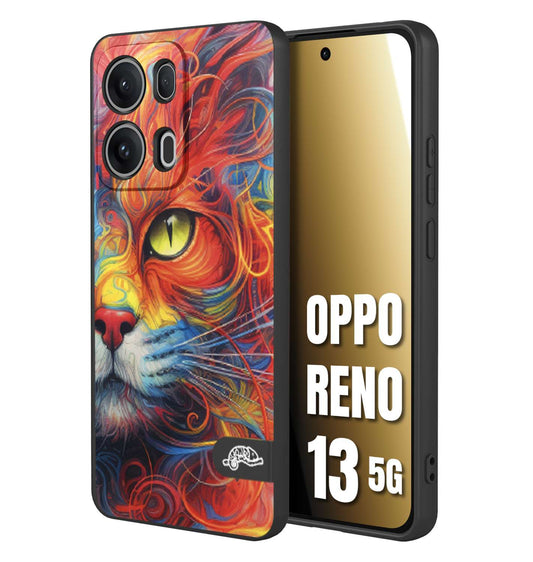 CUSTOMIZZA - Custodia cover nera morbida in tpu compatibile per Oppo Reno 13 5G animali color cat gatto viso colori vibranti disegnato schizzo