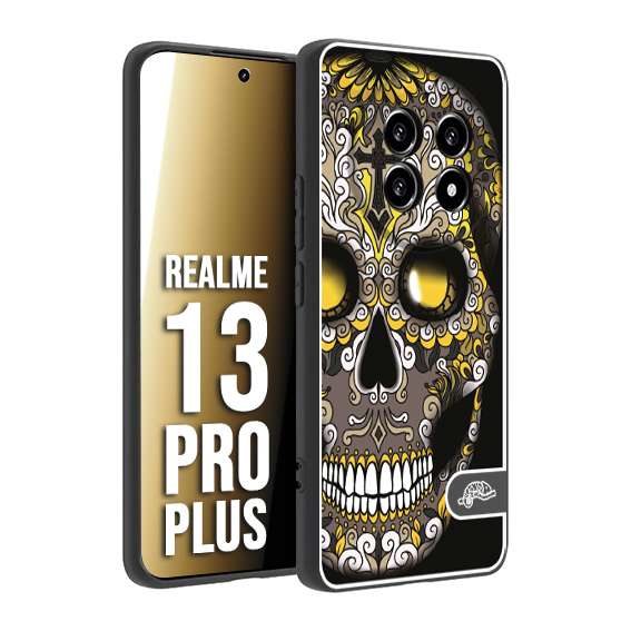 CUSTOMIZZA - Custodia cover nera morbida in tpu compatibile per Realme 13 PRO PLUS teschio messicano Mexican skull nero giallo