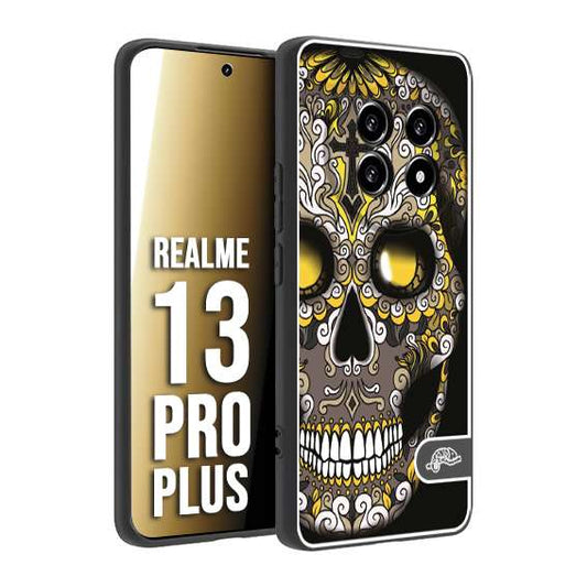 CUSTOMIZZA - Custodia cover nera morbida in tpu compatibile per Realme 13 PRO PLUS teschio messicano Mexican skull nero giallo