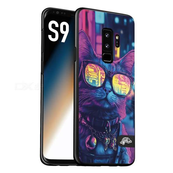 CUSTOMIZZA - Custodia cover nera morbida in tpu compatibile per Samsung S9 animali cyberpunk gatto street cat fucsia blu giallo