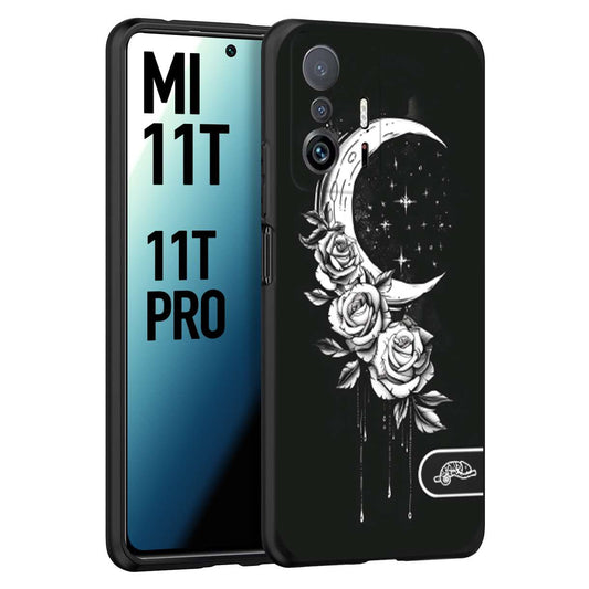 CUSTOMIZZA - Custodia cover nera morbida in tpu compatibile per Xiaomi Mi 11T - Mi 11T PRO luna e fiori moon flowers black and white bianco a rilievo disegnato