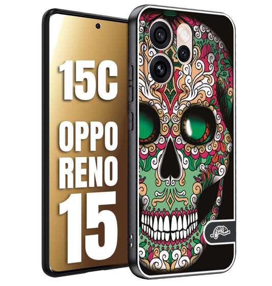 CUSTOMIZZA - Custodia cover nera morbida in tpu compatibile per Oppo Reno 15 - Reno 15Cteschio messicano Mexican skull verde fucsia