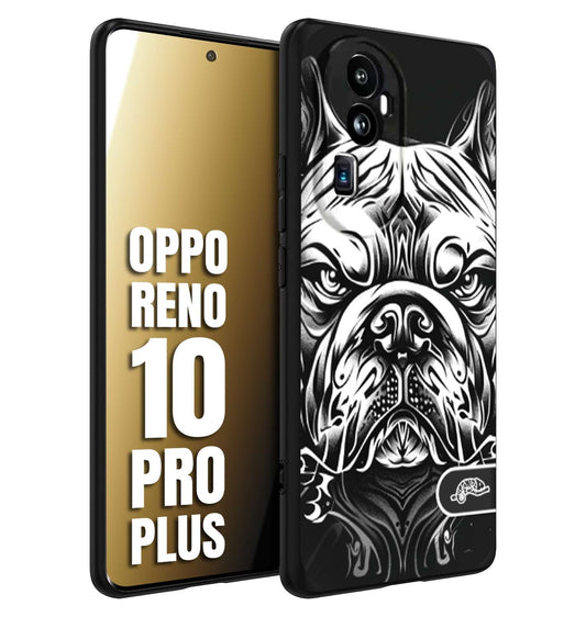 CUSTOMIZZA - Custodia cover nera morbida in tpu compatibile per Oppo Reno 10 PRO PLUS bulldog bianco a rilievo disegnato tattoo tatuaggio