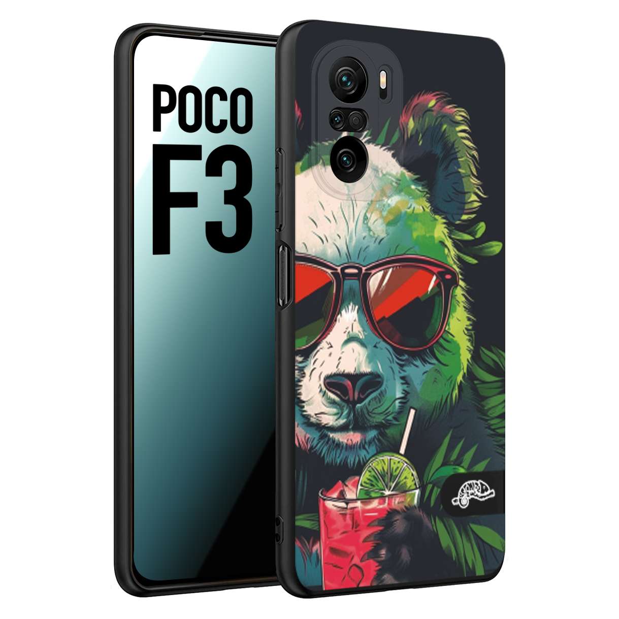 CUSTOMIZZA - Custodia cover nera morbida in tpu compatibile per Xiaomi Poco F3 estate disegnata cocktails animali simpatici panda mojito