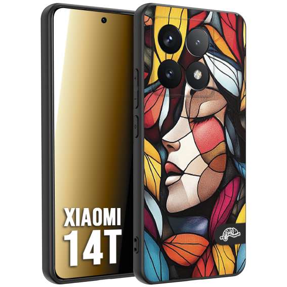 CUSTOMIZZA - Custodia cover nera morbida in tpu compatibile per Xiaomi 14T Vetrata artistica volto di donna profilo fogliare mosaico di vetro colorato