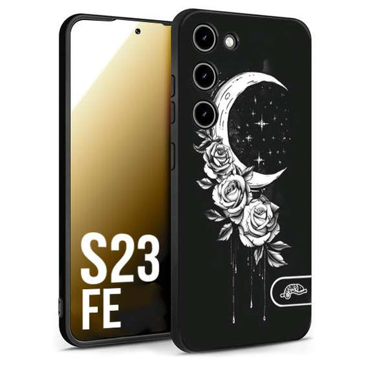 CUSTOMIZZA - Custodia cover nera morbida in tpu compatibile per Samsung S23 FE luna e fiori moon flowers black and white bianco a rilievo disegnato tattoo tatuaggio