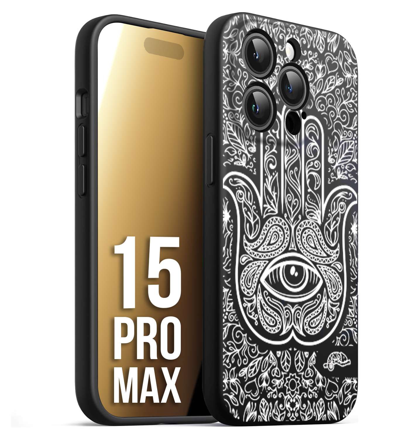 CUSTOMIZZA - Custodia cover nera morbida in tpu compatibile per iPhone 15 PRO MAX mano di fatima effetto rilievo mandala donna