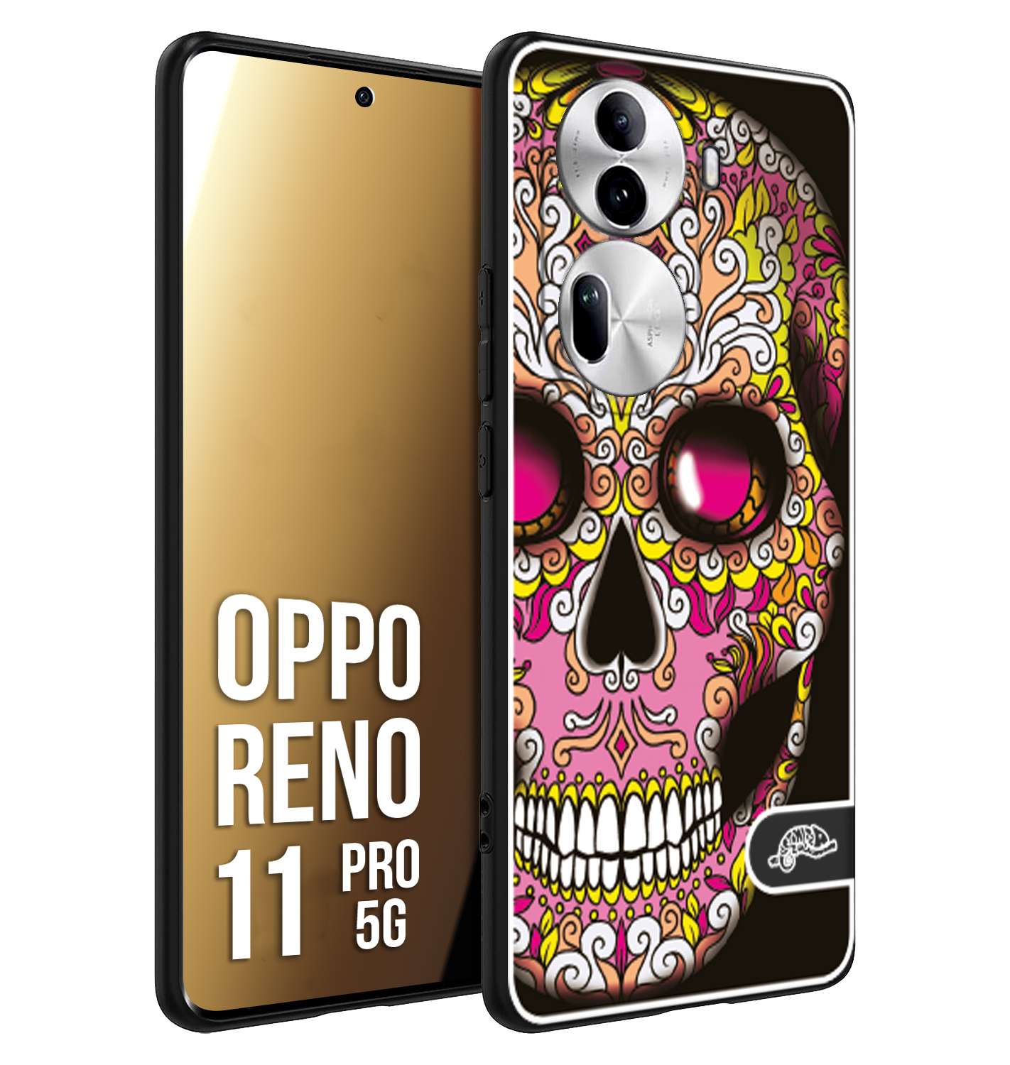 CUSTOMIZZA - Custodia cover nera morbida in tpu compatibile per Oppo Reno 11 PRO 5G teschio messicano Mexican skull rosa gialla