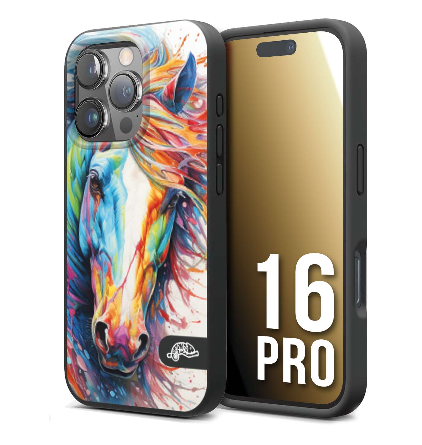 CUSTOMIZZA - Custodia cover nera morbida in tpu compatibile per iPhone 16 PRO animali color cavallo horse viso colori vibranti disegnato schizzo