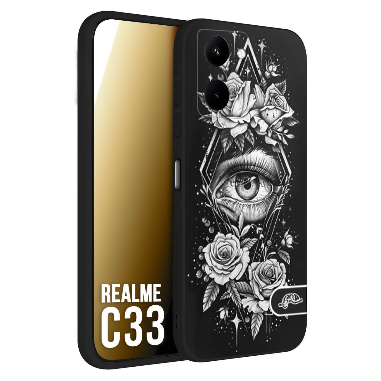 CUSTOMIZZA - Custodia cover nera morbida in tpu compatibile per Oppo Realme C33 occhio fiori rombo geometrico black and white bianco a rilievo disegnato tattoo tatuaggio