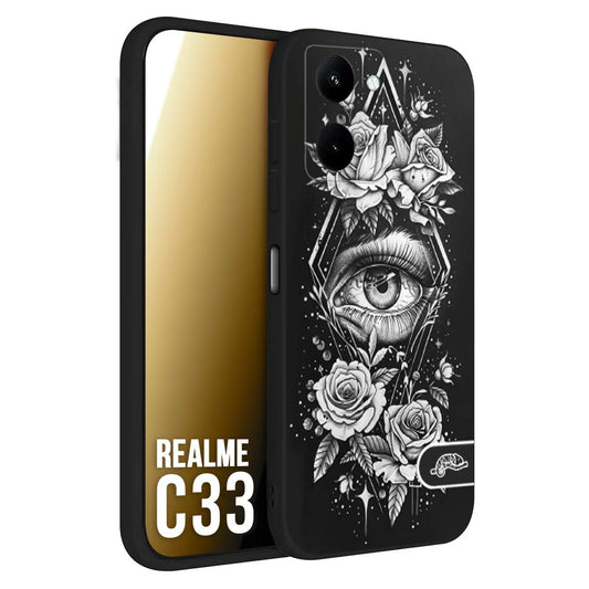 CUSTOMIZZA - Custodia cover nera morbida in tpu compatibile per Oppo Realme C33 occhio fiori rombo geometrico black and white bianco a rilievo disegnato tattoo tatuaggio