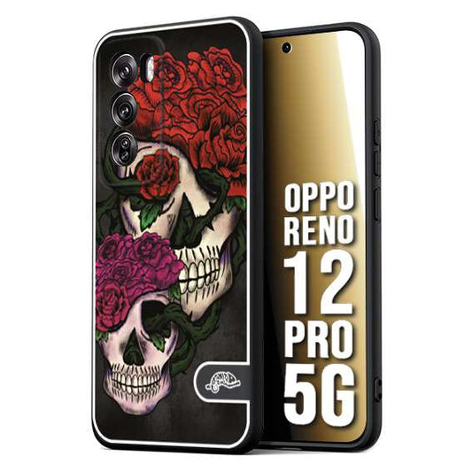 CUSTOMIZZA - Custodia cover nera morbida in tpu compatibile per Oppo Reno 12 PRO 5G teschi e rose rosse fucsia skull and roses