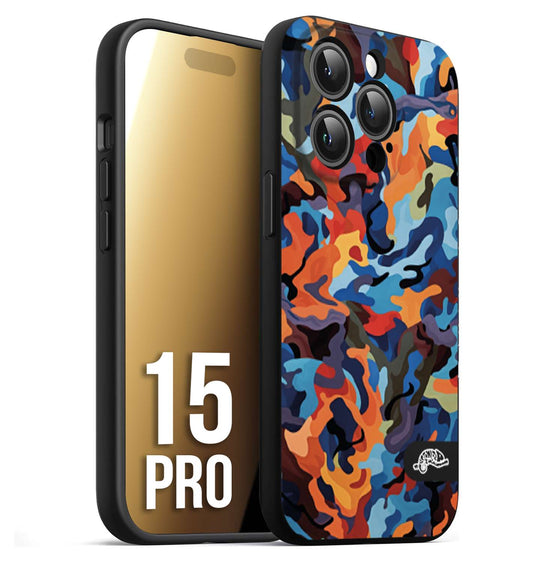 CUSTOMIZZA - Custodia cover nera morbida in tpu compatibile per iPhone 15 PRO camouflage mimetico militare moderno blu arancio rosso