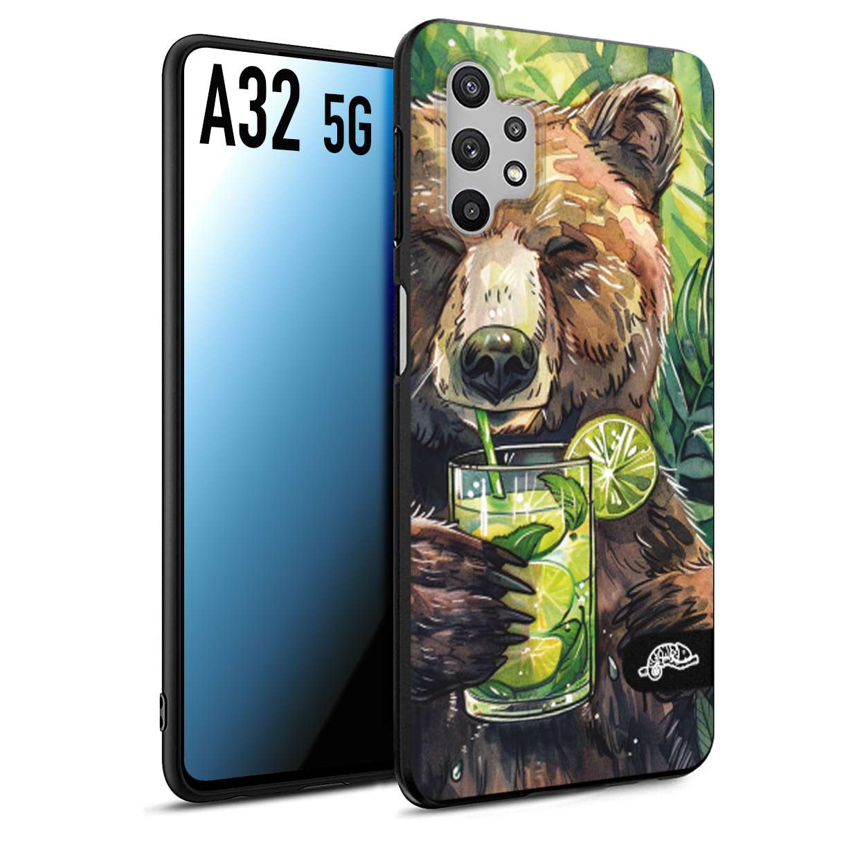 CUSTOMIZZA - Custodia cover nera morbida in tpu compatibile per Samsung A32 5G estate disegnata cocktails animali simpatici orso bear negroni