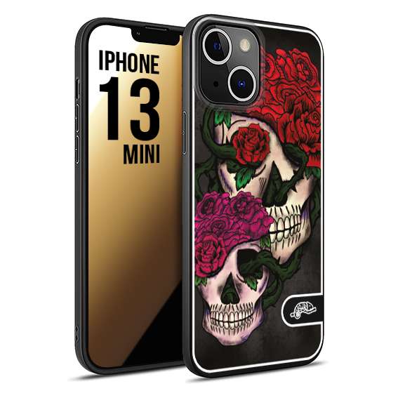 CUSTOMIZZA - Custodia cover nera morbida in tpu compatibile per iPhone 13 MINI teschi e rose rosse fucsia skull and roses