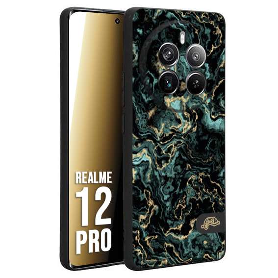 CUSTOMIZZA - Custodia cover nera morbida in tpu compatibile per Realme 12 PRO effetto marmo marble verde green venature dorato pietra