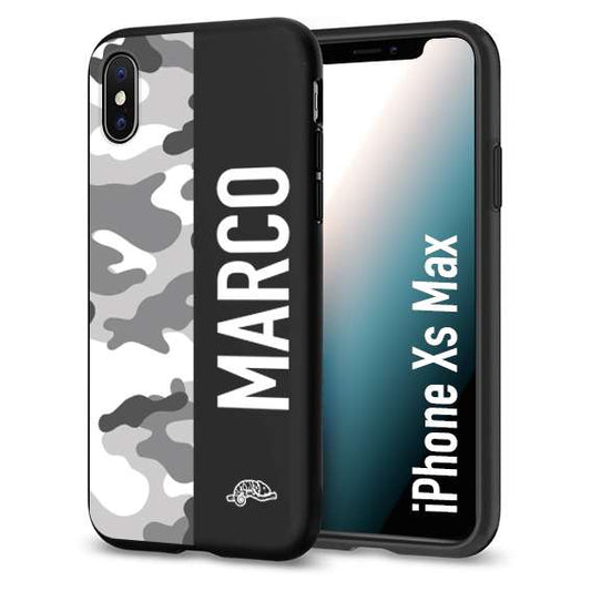 CUSTOMIZZA - Custodia cover nera morbida in tpu compatibile per iPhone XS MAX camouflage mimetico militare personalizzata nome bianco
