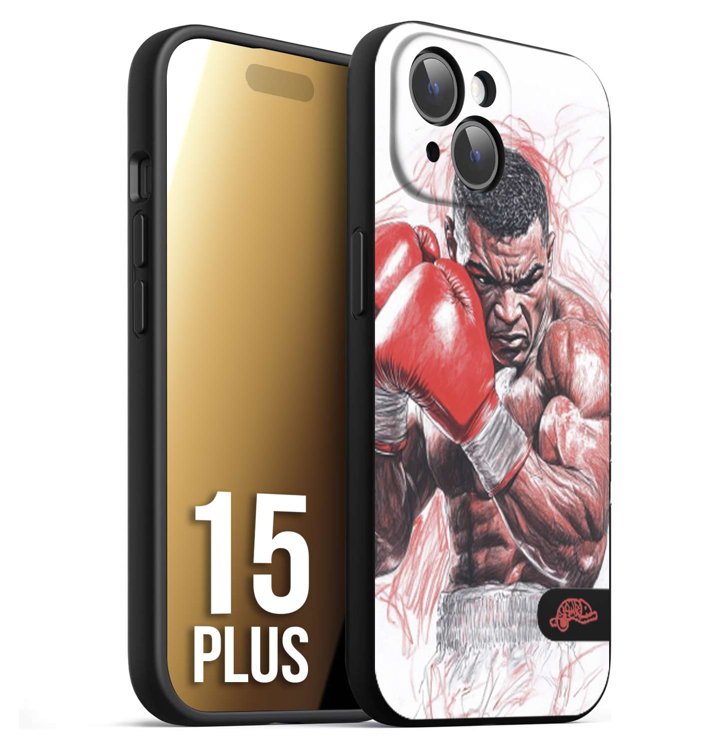 CUSTOMIZZA - Custodia cover nera morbida in tpu compatibile per iPhone 15 PLUS pugilato pugili disegno tattoo guantoni boxer pesi massimi iron mike