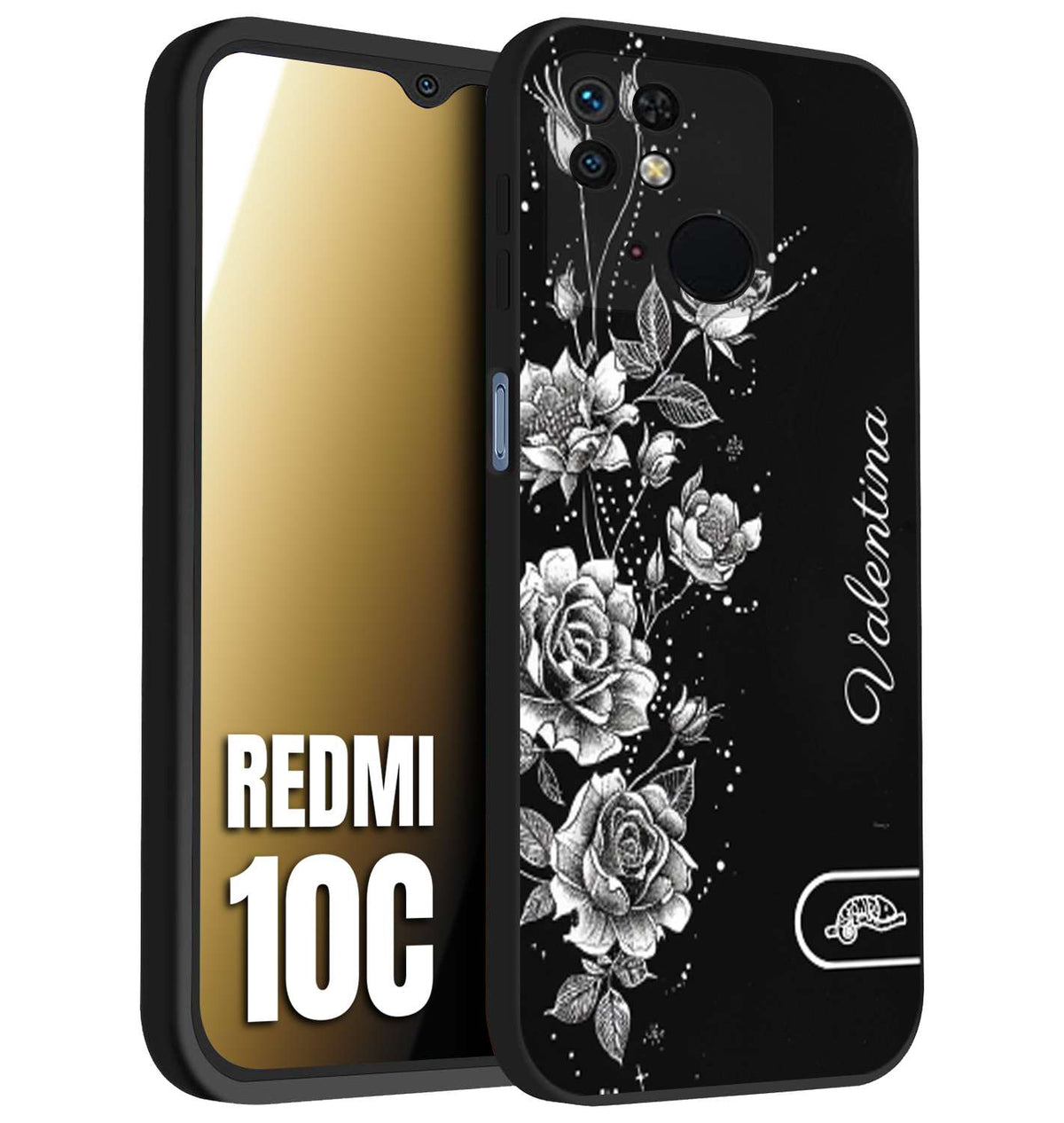 CUSTOMIZZA - Custodia cover nera morbida in tpu compatibile per Xiaomi Redmi 10C personalizzata rilievo soft touch nome rose fiori donna