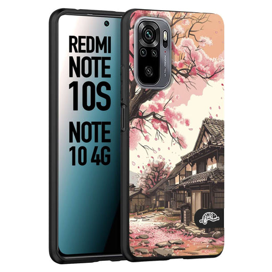 CUSTOMIZZA - Custodia cover nera morbida in tpu compatibile per Xiaomi Redmi Note 10S casa giapponese rosa ciliegio in fiore disegnata tattoo