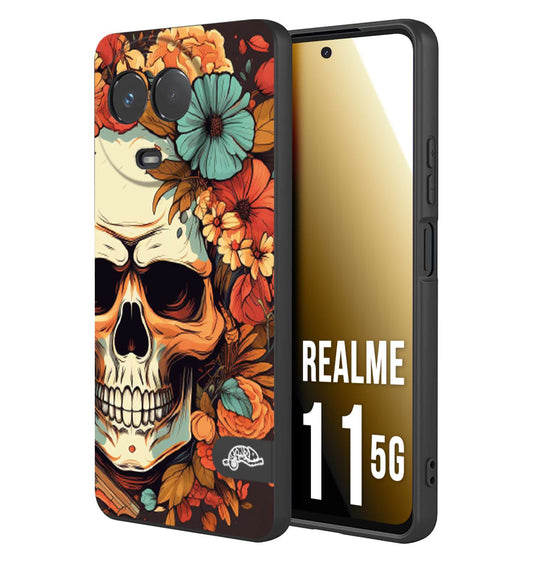 CUSTOMIZZA - Custodia cover nera morbida in tpu compatibile per Oppo Realme 11 5G teschio skull flowers fiori autunnali arancio celeste tattoo