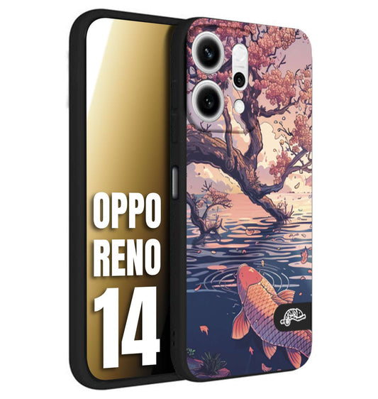 CUSTOMIZZA - Custodia cover nera morbida in tpu compatibile per Oppo Reno 14 giapponese lago carpa koi rosa con foglie d'acero disegnata tattoo