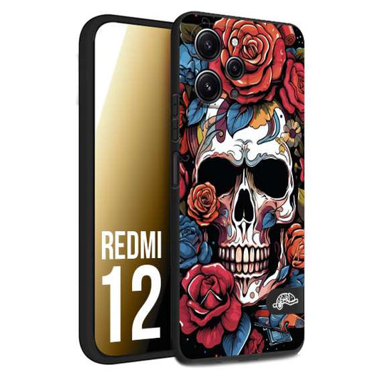 CUSTOMIZZA - Custodia cover nera morbida in tpu compatibile per Xiaomi Redmi 12 teschio skull flowers fiori rose rosse tattoo disegnato