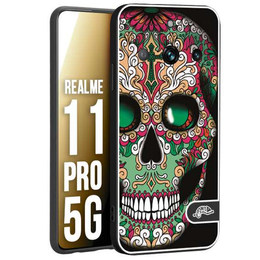 CUSTOMIZZA - Custodia cover nera morbida in tpu compatibile per Realme 11 PRO 5G teschio messicano Mexican skull verde fucsia