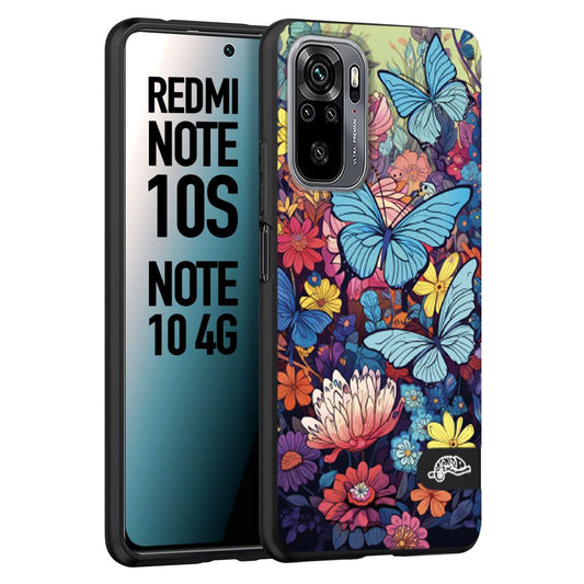 CUSTOMIZZA - Custodia cover nera morbida in tpu compatibile per Xiaomi Redmi Note 10S farfalle butterfly moderno donna disegnate gialla blu rosa
