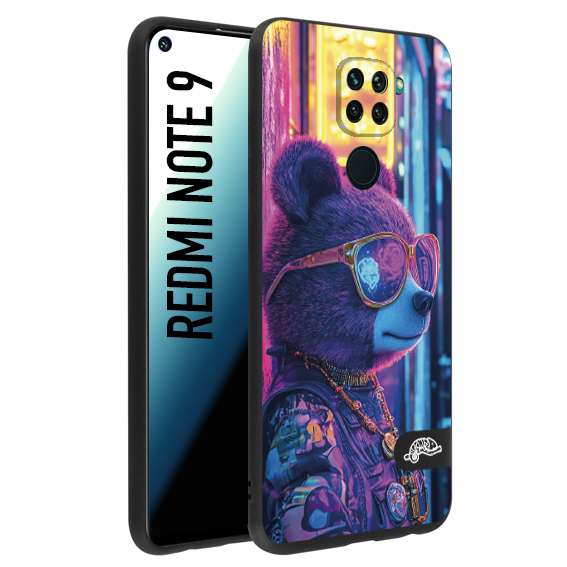 CUSTOMIZZA - Custodia cover nera morbida in tpu compatibile per Xiaomi Redmi Note 9 animali cyberpunk orsetto orso street bear fucsia blu night