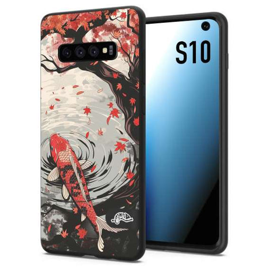 CUSTOMIZZA - Custodia cover nera morbida in tpu compatibile per Samsung S10 giapponese lago carpa koi rossa con foglie d'acero rosso disegnata tattoo