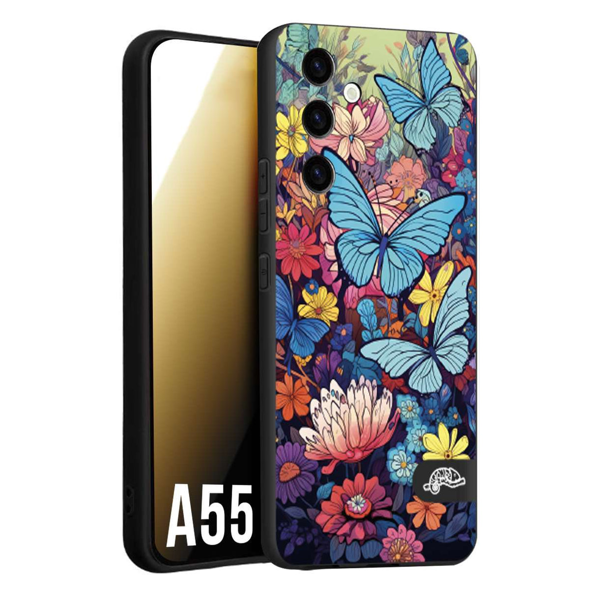 CUSTOMIZZA - Custodia cover nera morbida in tpu compatibile per Samsung A55 5G farfalle butterfly moderno donna disegnate gialla blu rosa