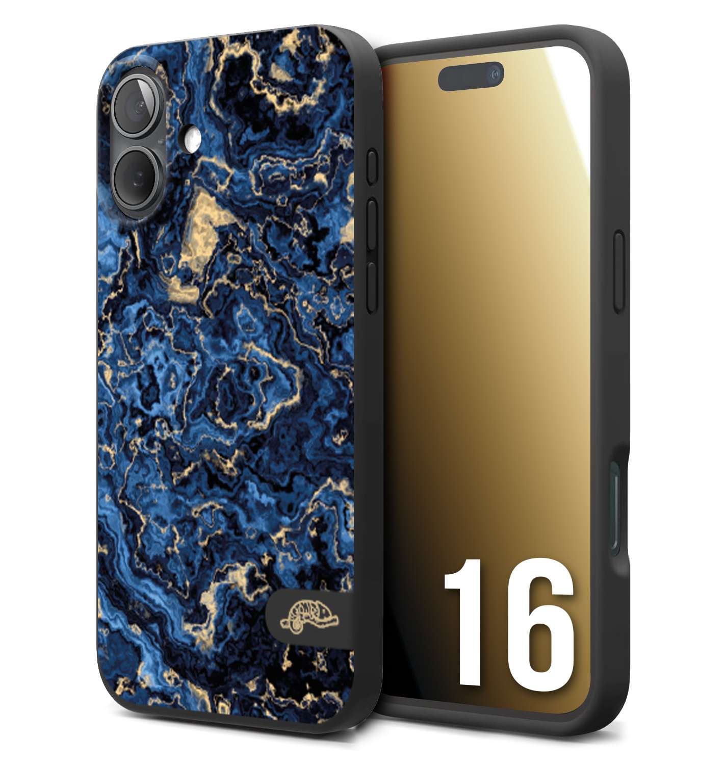 CUSTOMIZZA - Custodia cover nera morbida in tpu compatibile per iPhone 16 effetto marmo marble blu venature dorato psichedelico