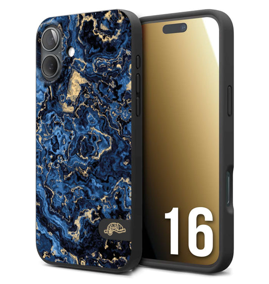 CUSTOMIZZA - Custodia cover nera morbida in tpu compatibile per iPhone 16 effetto marmo marble blu venature dorato psichedelico