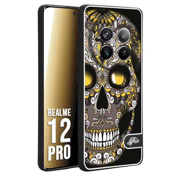CUSTOMIZZA - Custodia cover nera morbida in tpu compatibile per Realme 12 PRO teschio messicano Mexican skull nero giallo