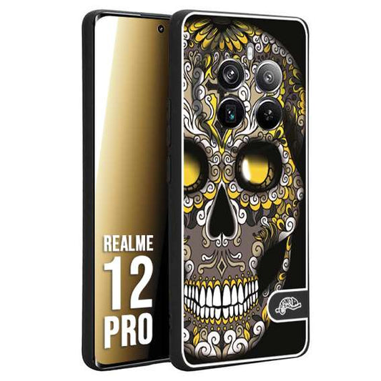 CUSTOMIZZA - Custodia cover nera morbida in tpu compatibile per Realme 12 PRO teschio messicano Mexican skull nero giallo