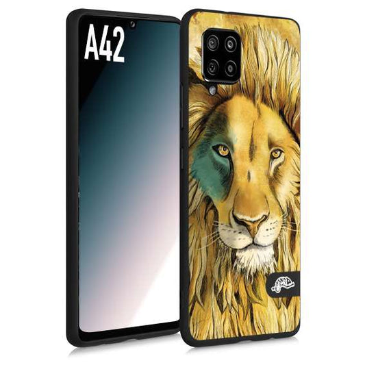CUSTOMIZZA - Custodia cover nera morbida in tpu compatibile per Samsung A42 leone lion disegnato a mano giallo blu a rilievo artistico brown