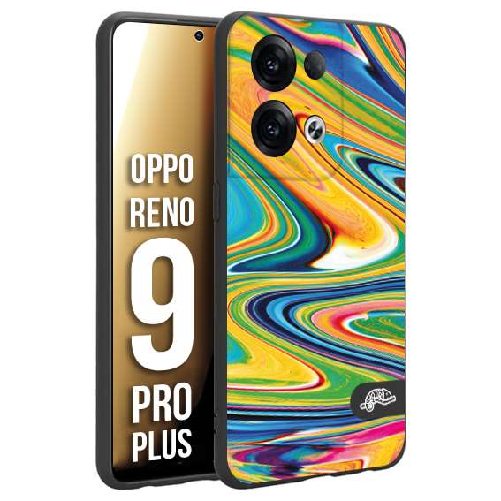 CUSTOMIZZA - Custodia cover nera morbida in tpu compatibile per Oppo Reno 9 PRO PLUS colorata fantasia vortice marmo arcobaleno gialla verde blu