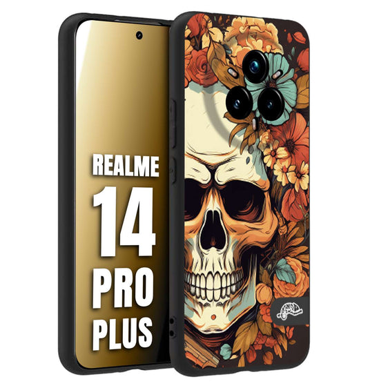 CUSTOMIZZA - Custodia cover nera morbida in tpu compatibile per Realme 14 PRO PLUS teschio skull flowers fiori autunnali arancio celeste tattoo