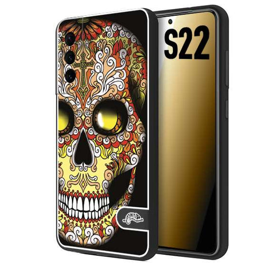 CUSTOMIZZA - Custodia cover nera morbida in tpu compatibile per Samsung S22 teschio messicano Mexican skull giallo rosso arancio