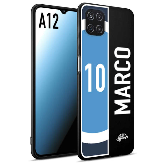 CUSTOMIZZA - Custodia cover nera morbida in tpu compatibile per Samsung A12 personalizzata calcio football nome e numero calciatori biancoazzurri bianco celesti
